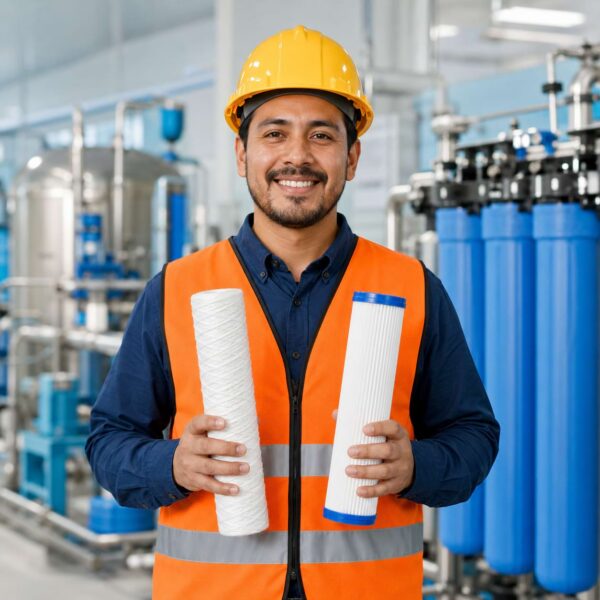 Filtros de agua para empresas, industria y casa en México 1 Ingeniero de Filtrashop sosteniendo cartuchos filtrantes de sedimentos en una planta de tratamiento y purificación de agua